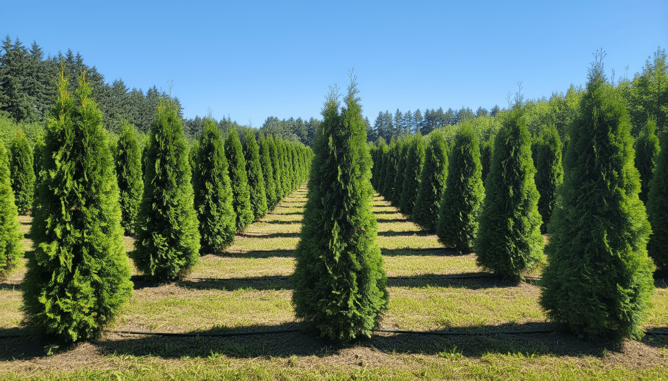 Panorama of Emerald Cedar rows at the Z Force Farm nursery